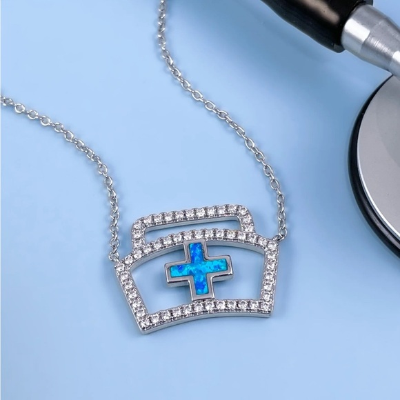 Nurse Hat Necklace Blue Fire Opal - Picture 3 of 6